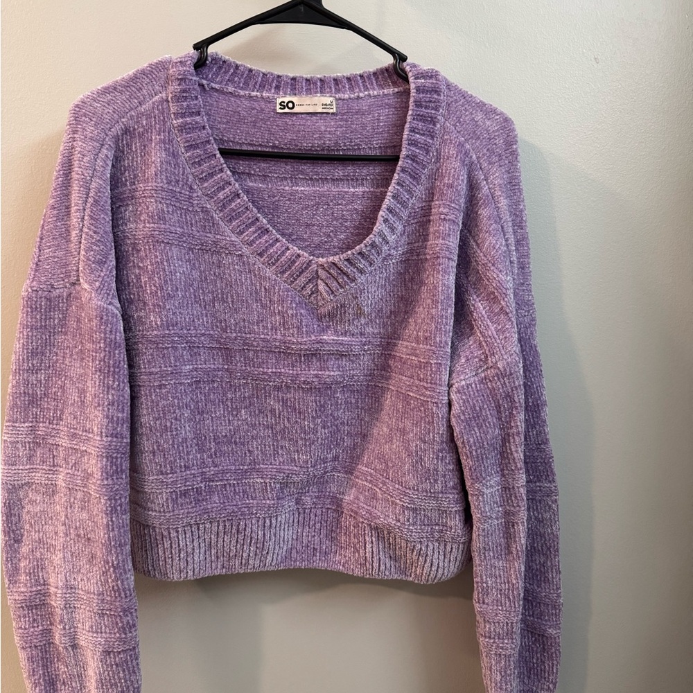 SO Purple V-Neck Sweater with Ribbed Detailing